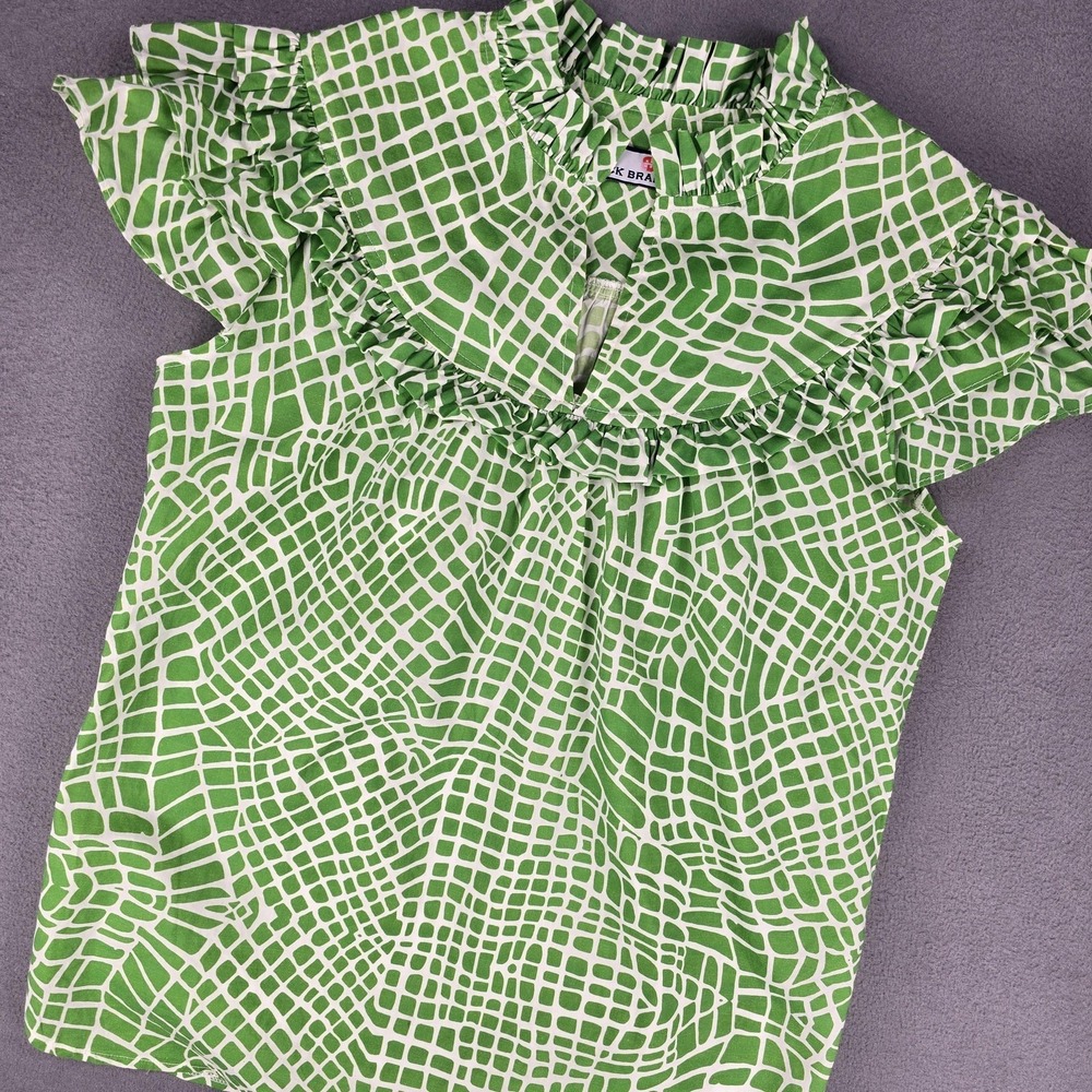 CK Bradley Blouse Womens Small Green Geometric Ruffle High Neck Flutter Sleeve